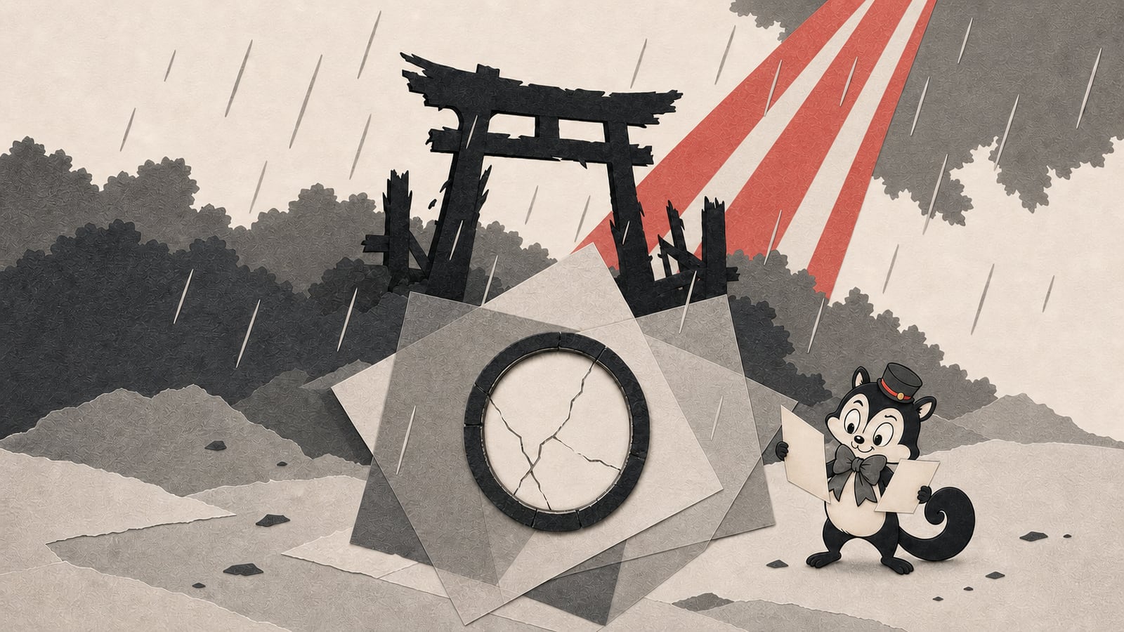 Momo holds two sheets of paper in the rain beside a ruined gate, a cracked circular frame, and red rays.