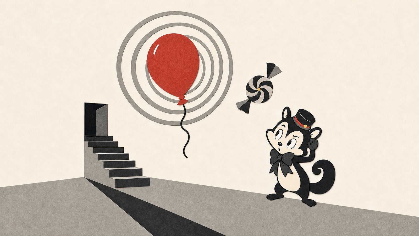 Momo stands beside a staircase, a red balloon framed by concentric circles, and a wrapped black-and-white sweet.