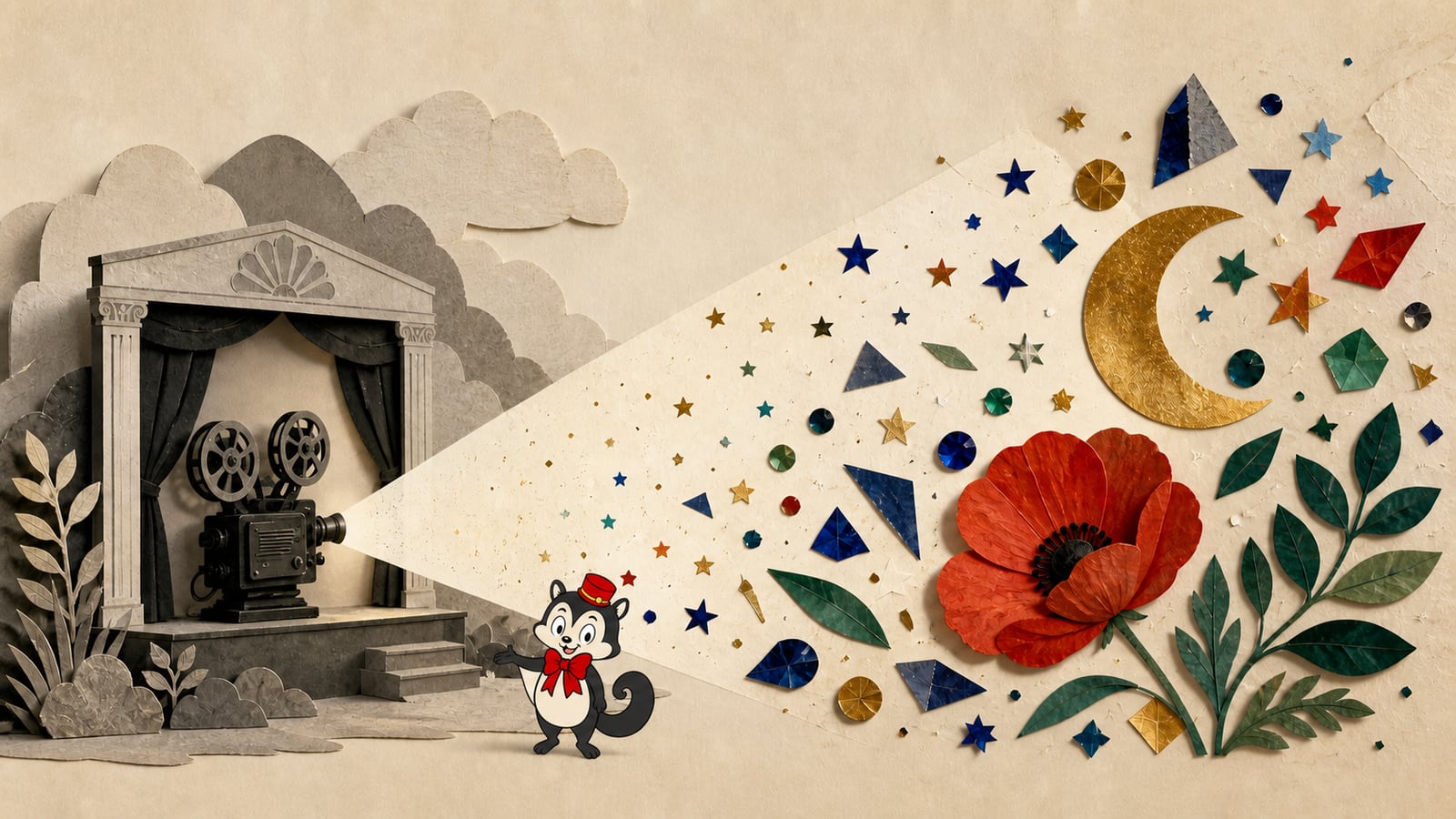 Momo stands beside a monochrome projector beam blossoming into a red flower, green leaves, blue stars, and a gold moon.