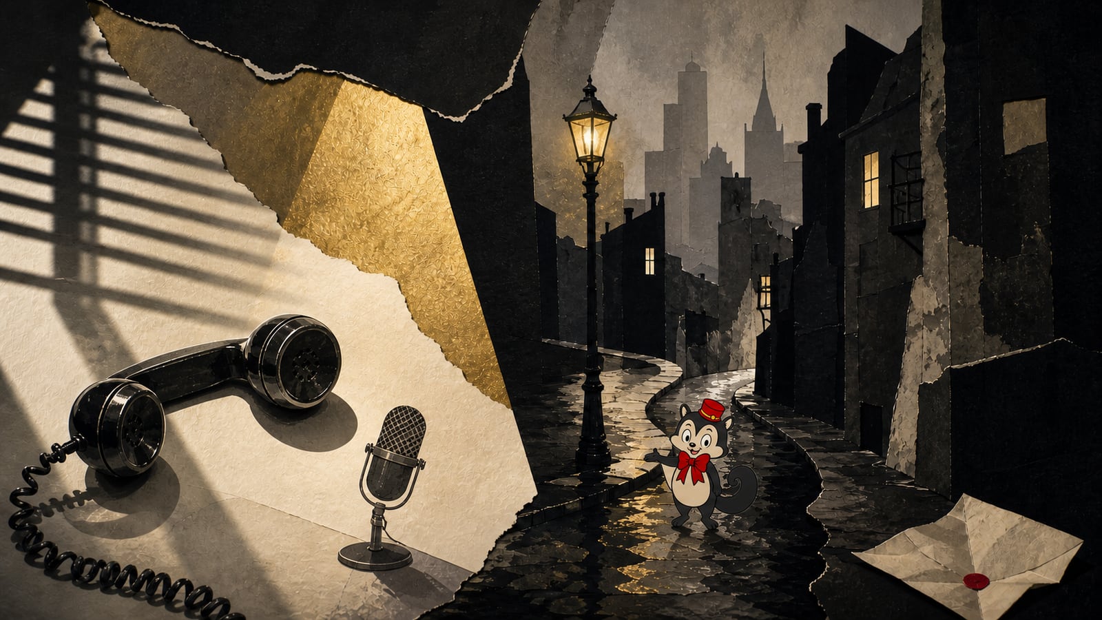 Momo stands on a rain-darkened city street as a telephone and microphone suggest a confession under a lone lamp.