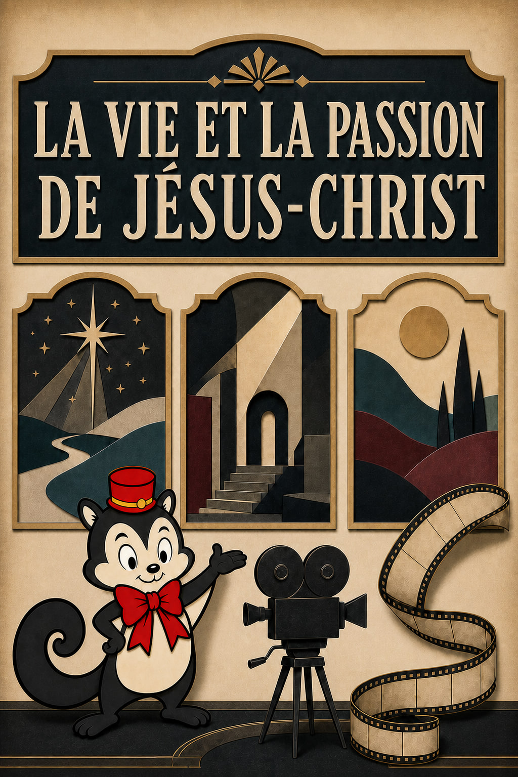 LA VIE ET LA PASSION DE JÉSUS-CHRIST lettering above three framed paper scenes, with Momo beside an early film camera and curling filmstrip.