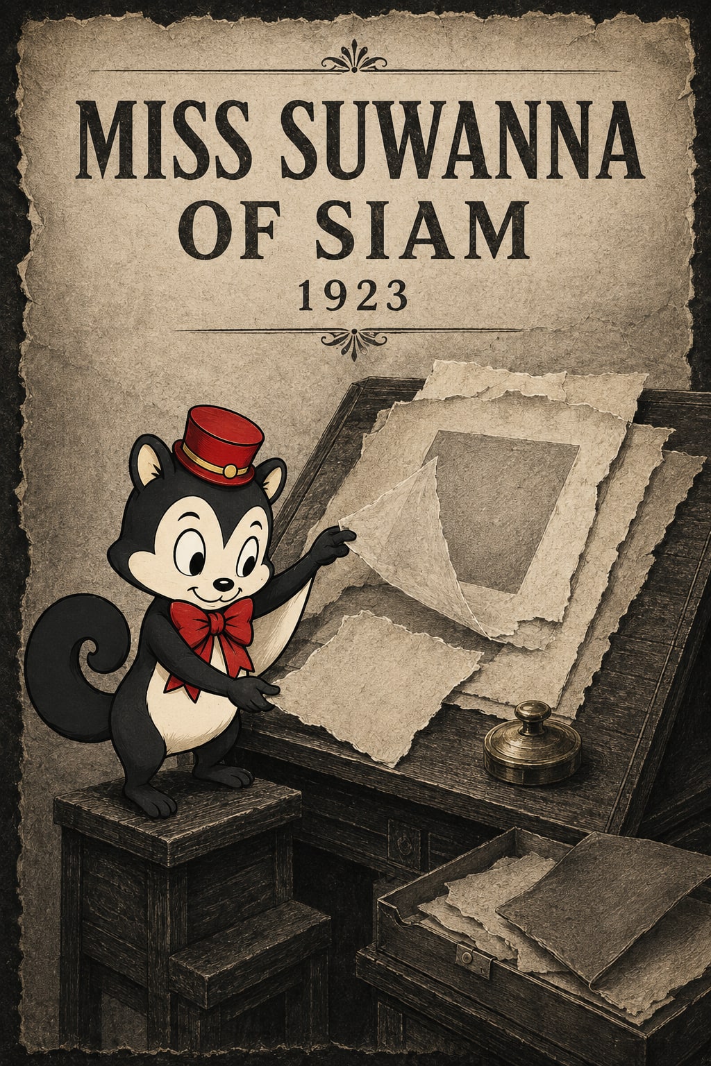 MISS SUWANNA OF SIAM, 1923 lettering above Momo carefully arranging blank torn paper on an archive desk, with an empty paper frame and brass paperweight. Original editorial illustration.
