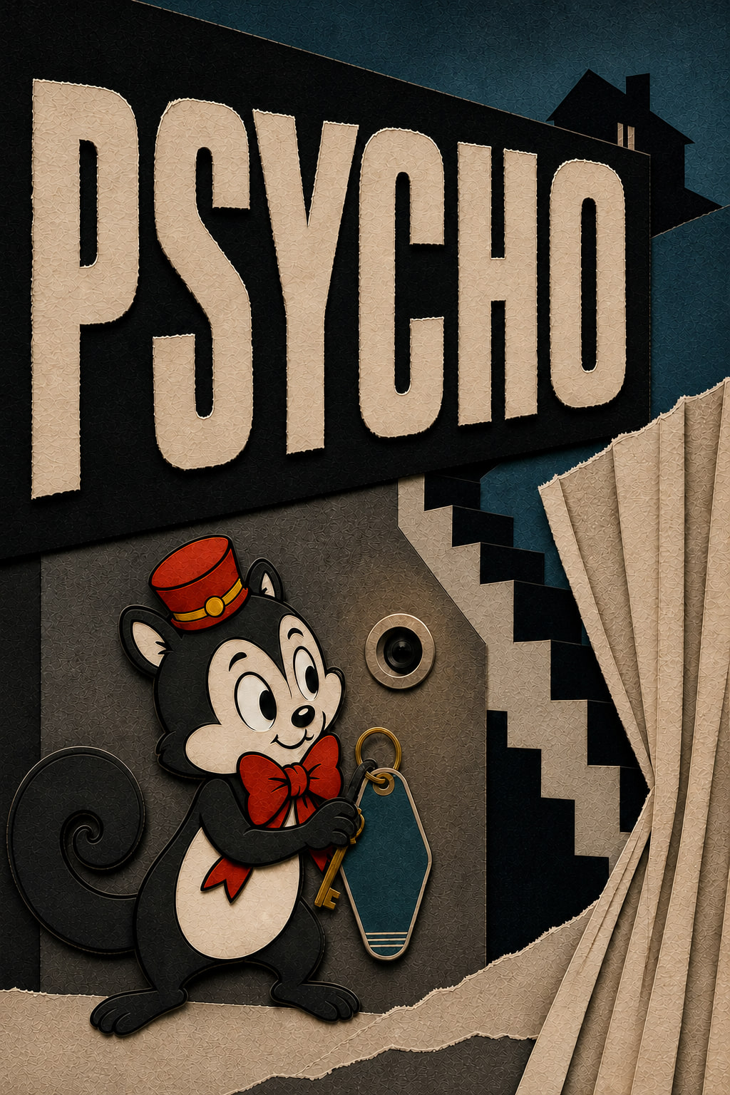 PSYCHO lettering built into a paper collage: Momo holds a motel key beside a peephole, staircase, curtain and dark house.