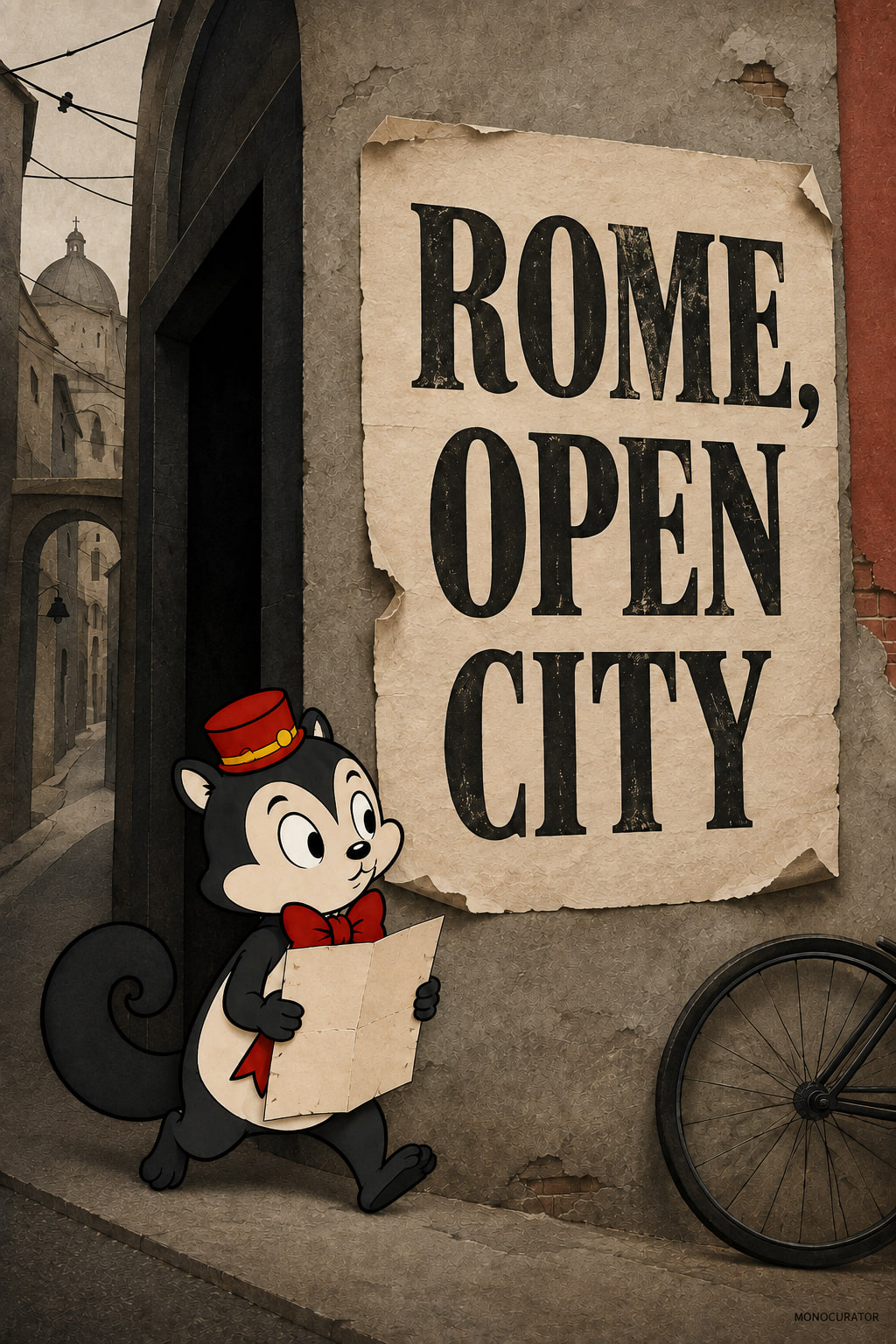 ROME, OPEN CITY lettering on a paper poster beside a Roman street and bicycle wheel, with Momo carrying a folded blank sheet through a doorway.