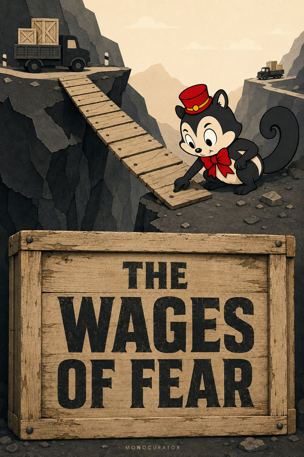 THE WAGES OF FEAR lettering on a timber crate below a mountain bridge and two cargo trucks, with Momo crouching to check a bridge plank.
