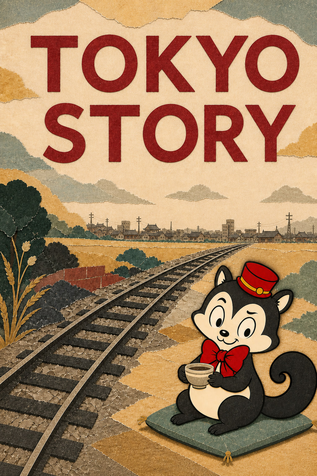 TOKYO STORY lettering above a torn-paper railway and low town skyline, with Momo holding a cup on a cushion.