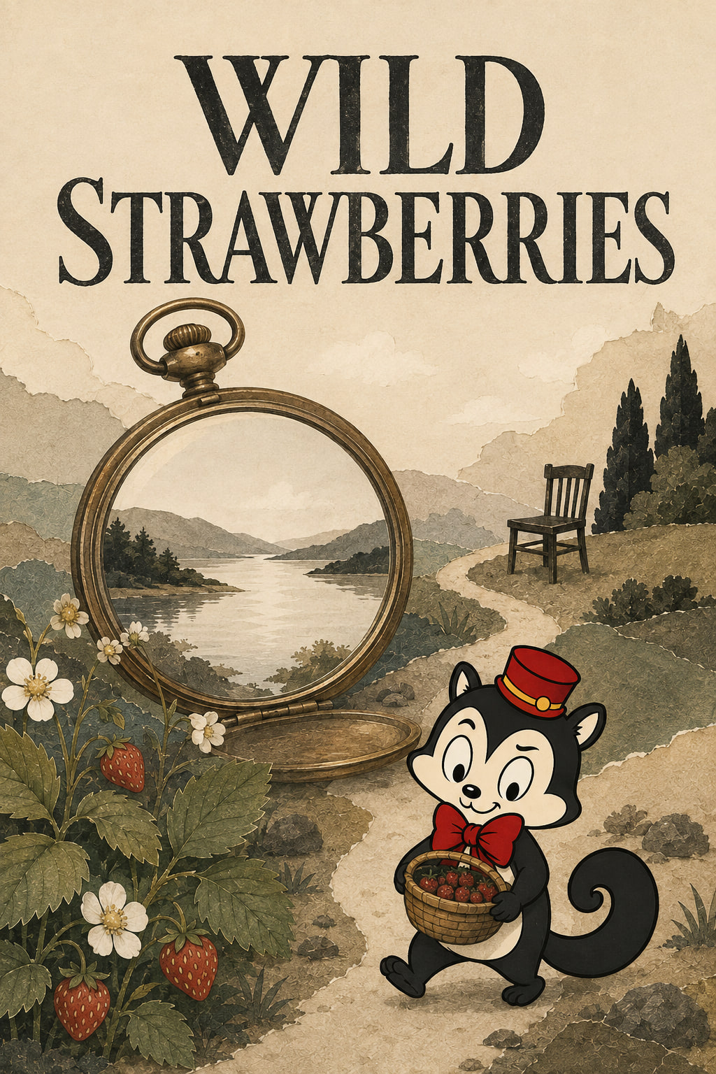 WILD STRAWBERRIES lettering above an open brass watch framing a lake, an empty chair and wild berries, with Momo carrying a woven strawberry basket.